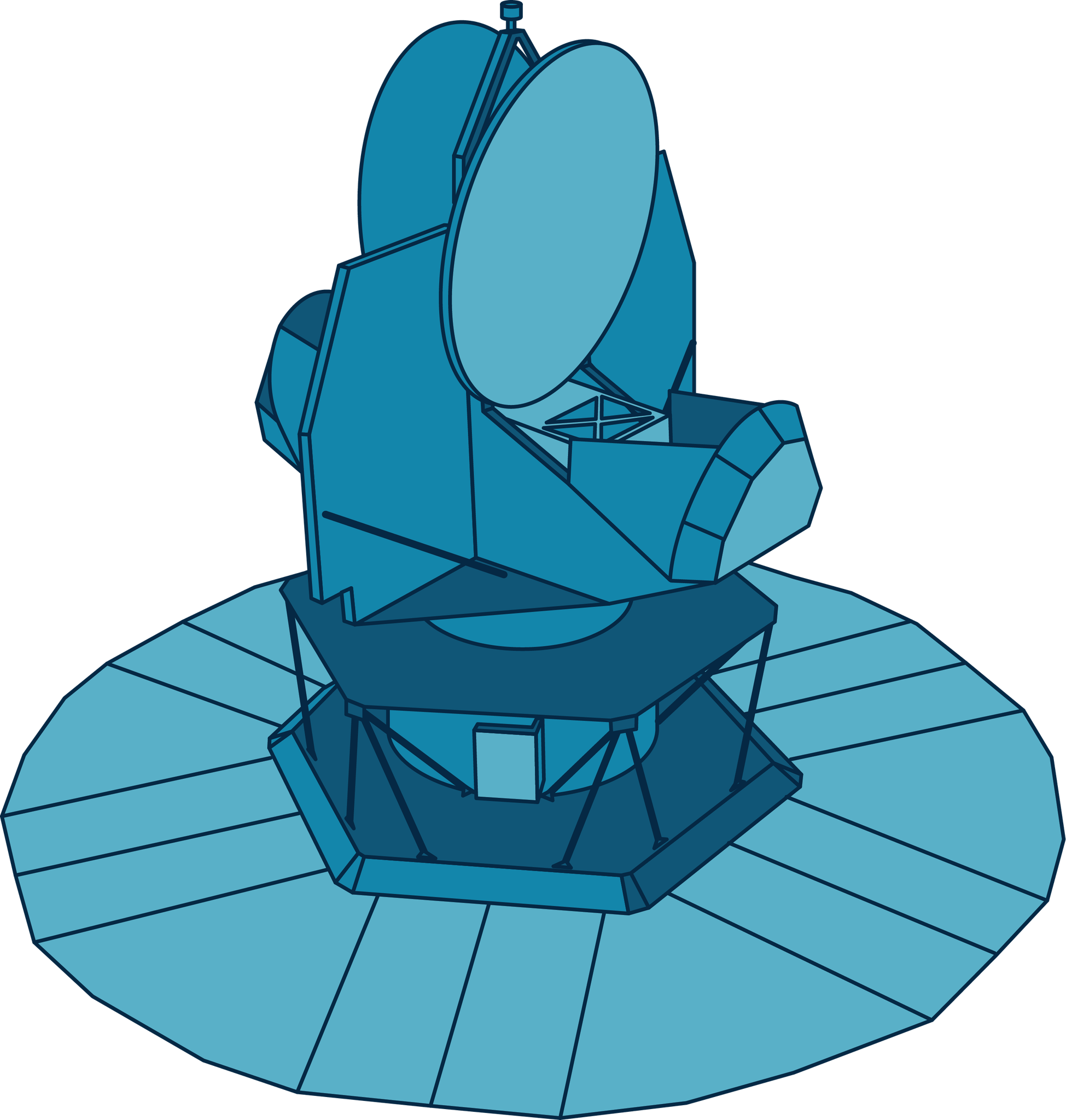 This illustration shows NASA’s WMAP spacecraft in shades of blues. The bottom of the satellite is a round circle, like a ballerina’s tutu. Rising from the circle is a bulky, vaguely cylindrical shape topped by two circles facing opposite directions.