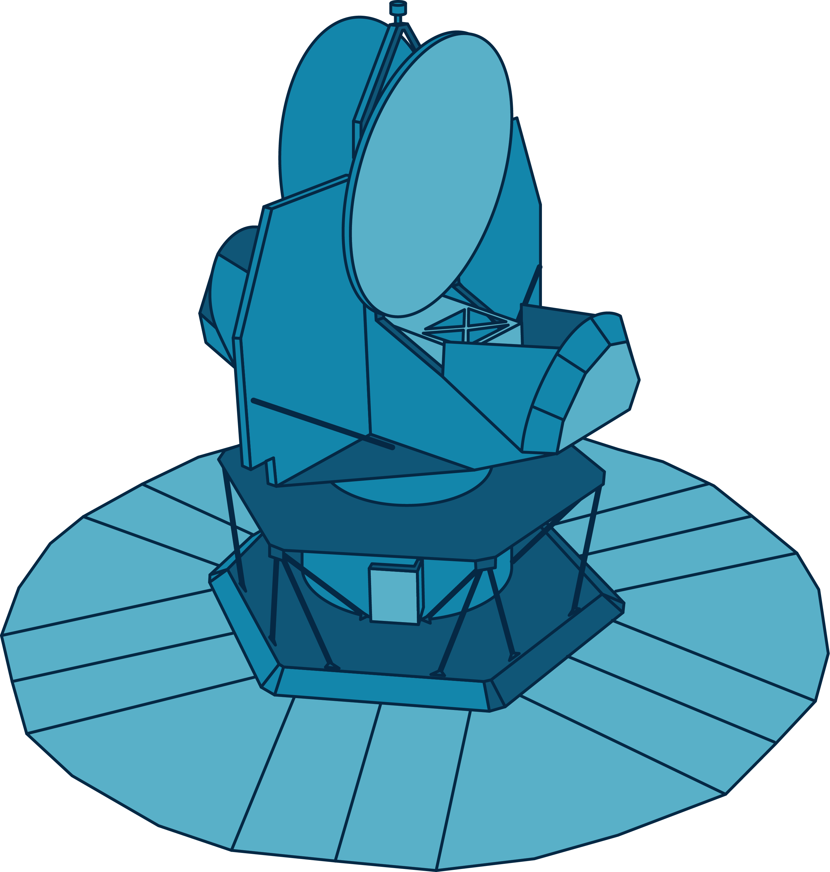 This illustration shows NASA’s WMAP spacecraft in shades of blues. The bottom of the satellite is a round circle, like a ballerina’s tutu. Rising from the circle is a bulky, vaguely cylindrical shape topped by two circles facing opposite directions.