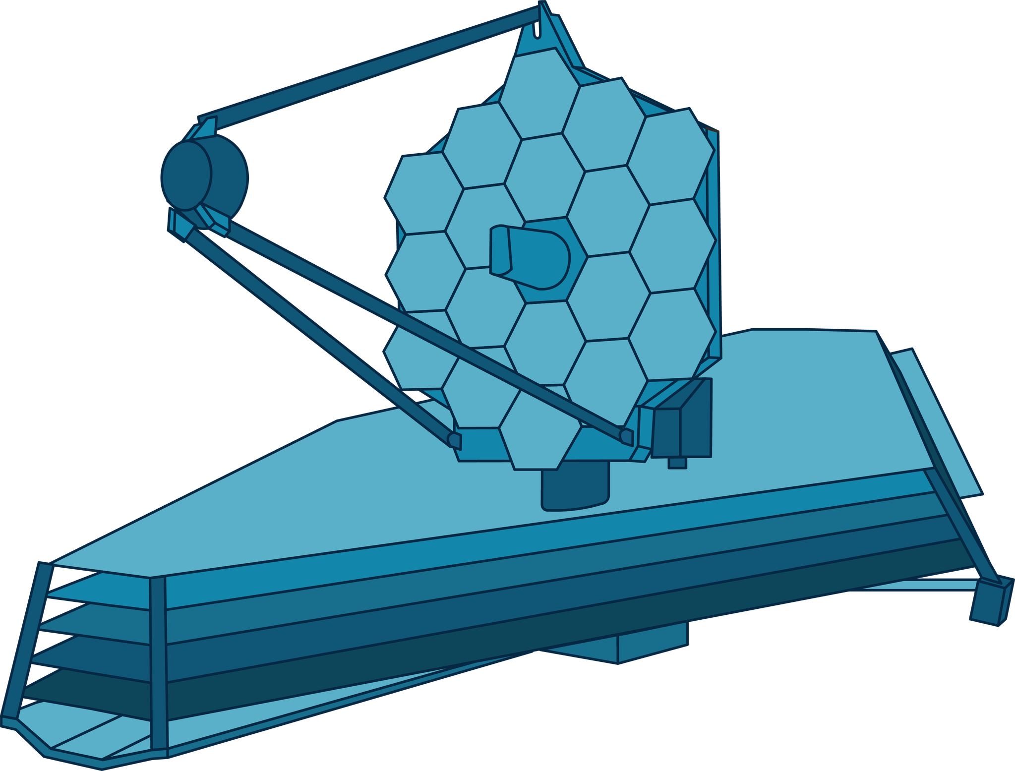 This illustration shows NASA's James Webb Space Telescope in shades of blue. Its base is made up of multiple different layers in an elongated shape. On top of the base sits the observatory's primary mirror which is a large hexagonal shape made up of smaller hexagons. Two rods at the base and one at the top protrude forward and all connect to a small disc, shaped object.