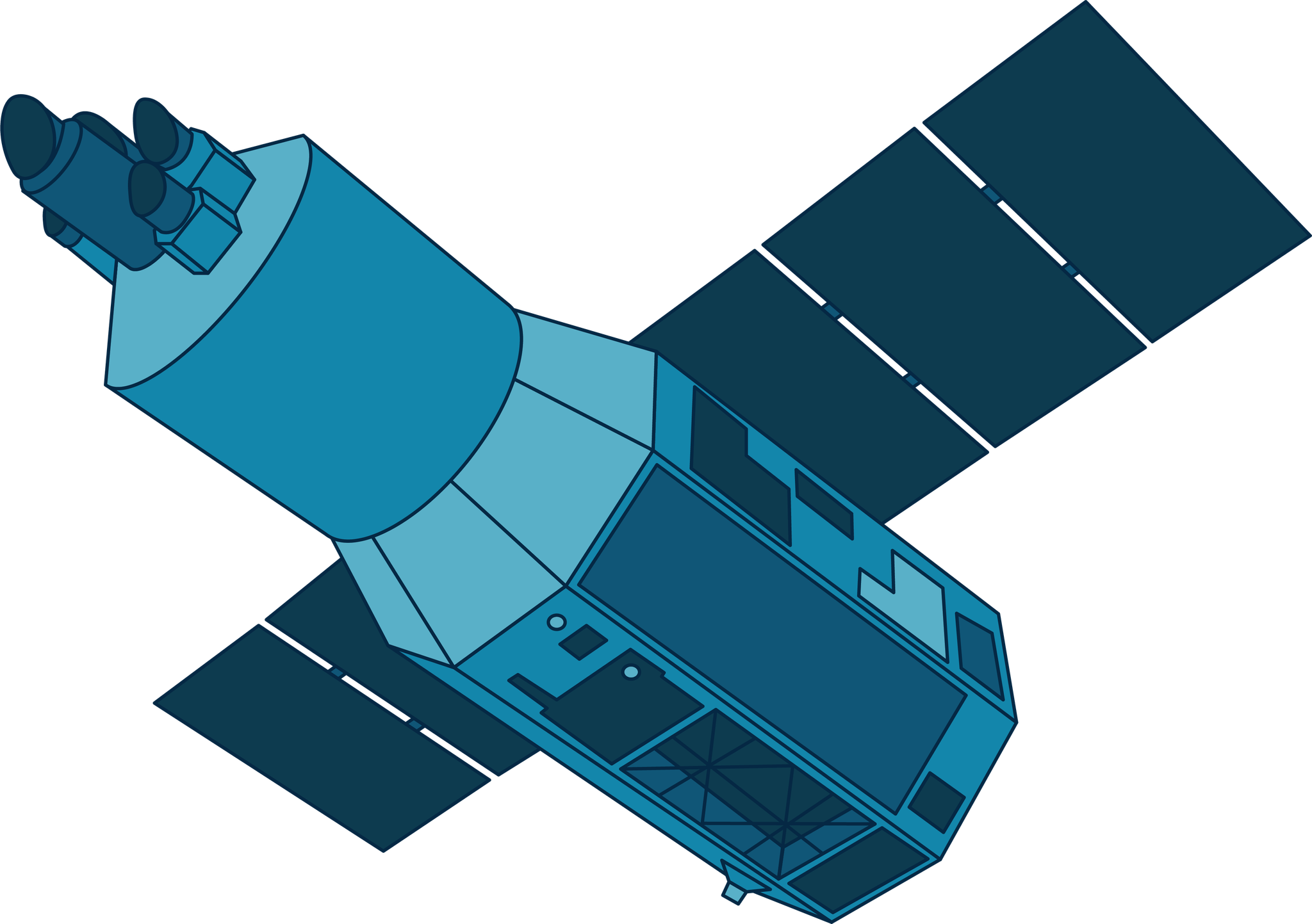 This illustration shows NASA's XRISM spacecraft in shades of blue. A multi-sided cylindrical body has solar array "wings" on either side and a smaller, rounded cylindrical front with small pieces of the instrument at the very front.