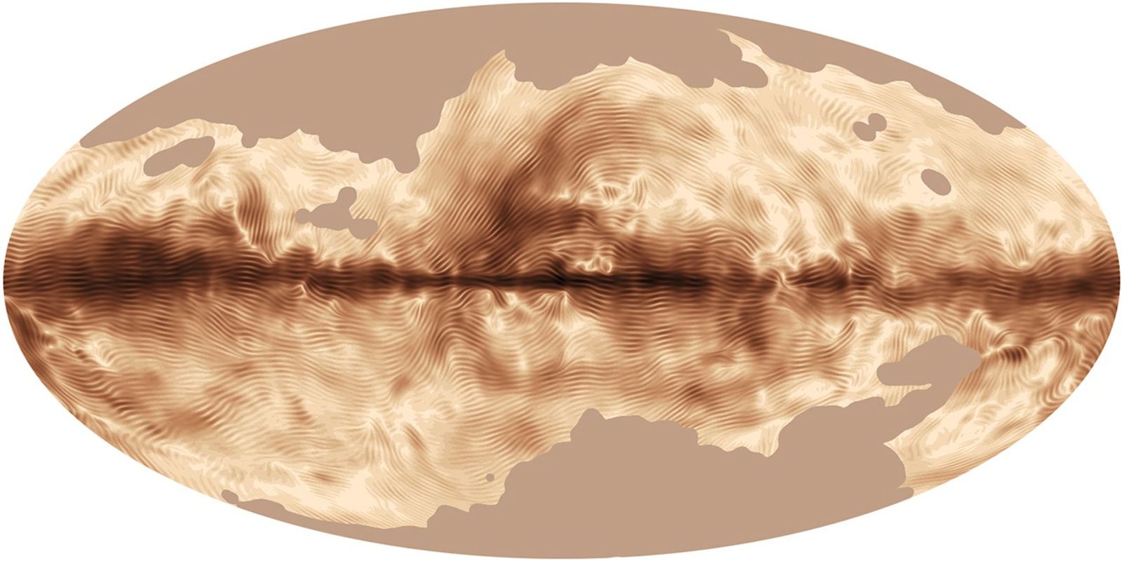 This oval image represents a view of the entire sky unfolded and laid out flat. Across the middle is a line of dark brown, with a swirl of brown around the center of the image. At the edges the line of brown becomes wider and more diffuse. These lines and swirls of brown are embedded in an off-white mottled background. Throughout the image are lines running generally parallel to the central bar of brown, but with some wave-like deviations above and below it. Some of the oval on the top and near the bottom is just a flat tan color, which represents places where there is no magnetic field information.