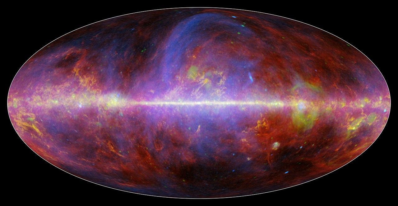 This oval image represents a view of the entire sky unfolded and laid out flat. Running horizontally across the middle of the oval is a bright line of white, which is light emitted by gas and dust in the plane of the Milky Way. Mottled red fills the oval with a few areas of yellow, especially along the plane of the Milky Way and extending above and below it. Over all of this, in the center, is a thick ring of blue.