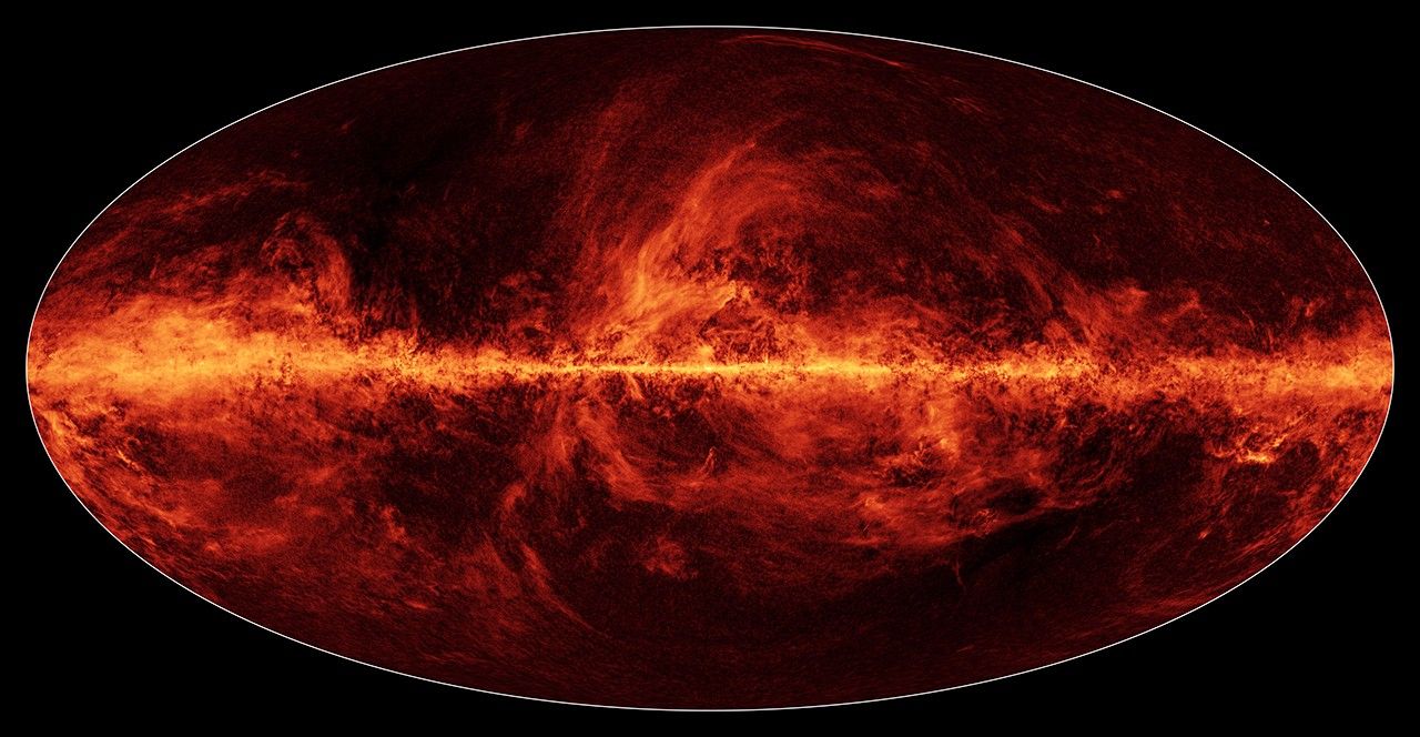 This oval image represents a view of the entire sky unfolded and laid out flat. Across the middle of the image is a bright yellow line, which is light that was emitted by dust in the plane of the Milky Way. There are additional swirls and loops arising from that line of yellow, making the sky look like it is filled with flames.