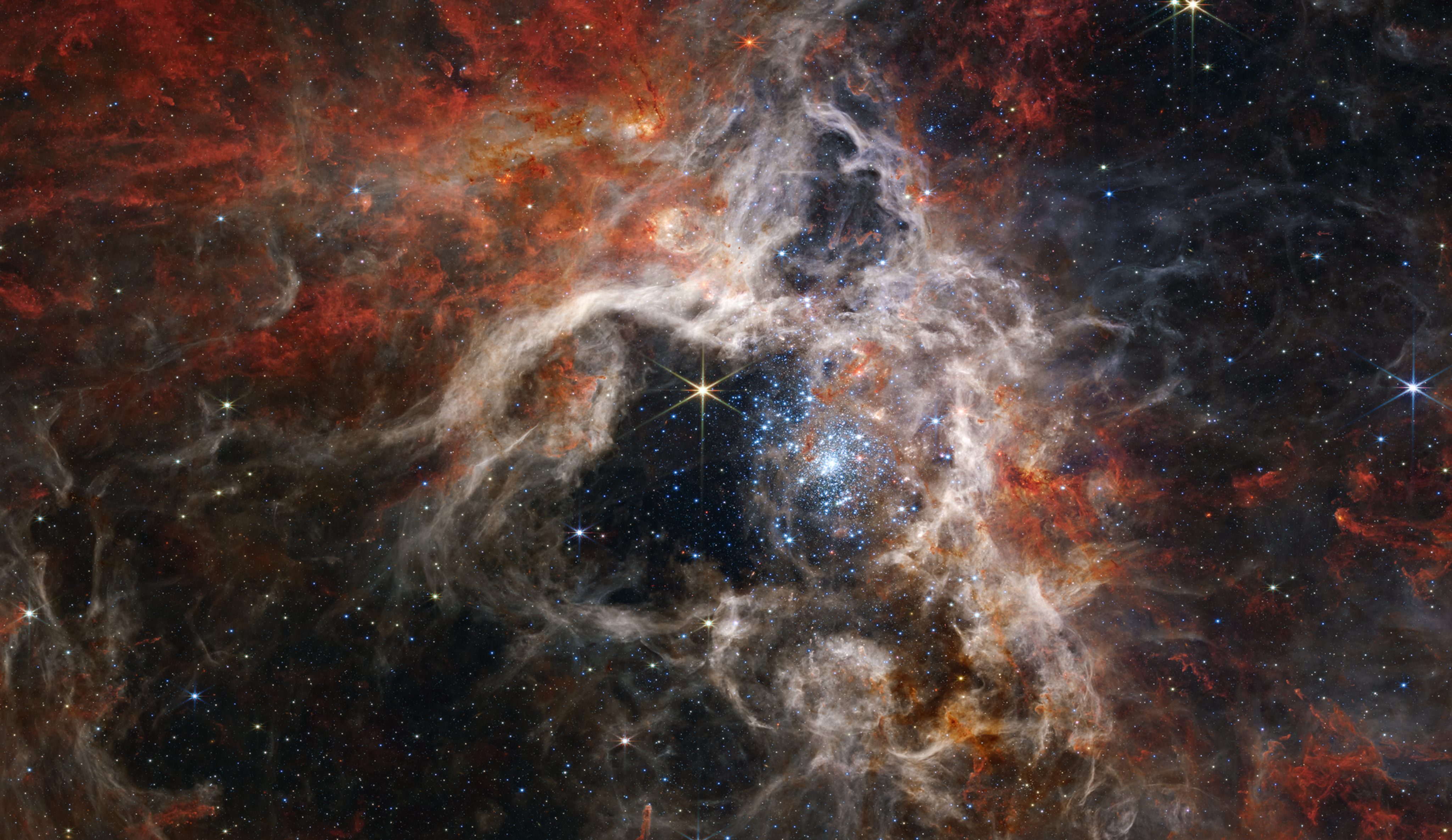 In this mosaic image stretching 340 light-years across, NASA's James Webb Space Telescope’s Near-Infrared Camera (NIRCam) displays the Tarantula Nebula star-forming region in a new light, including tens of thousands of never-before-seen young stars that were previously shrouded in cosmic dust. The most active region appears to sparkle with massive young stars, appearing pale blue.