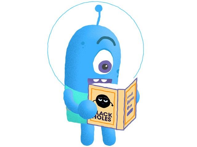 illustration of an alien reading a book about black holes