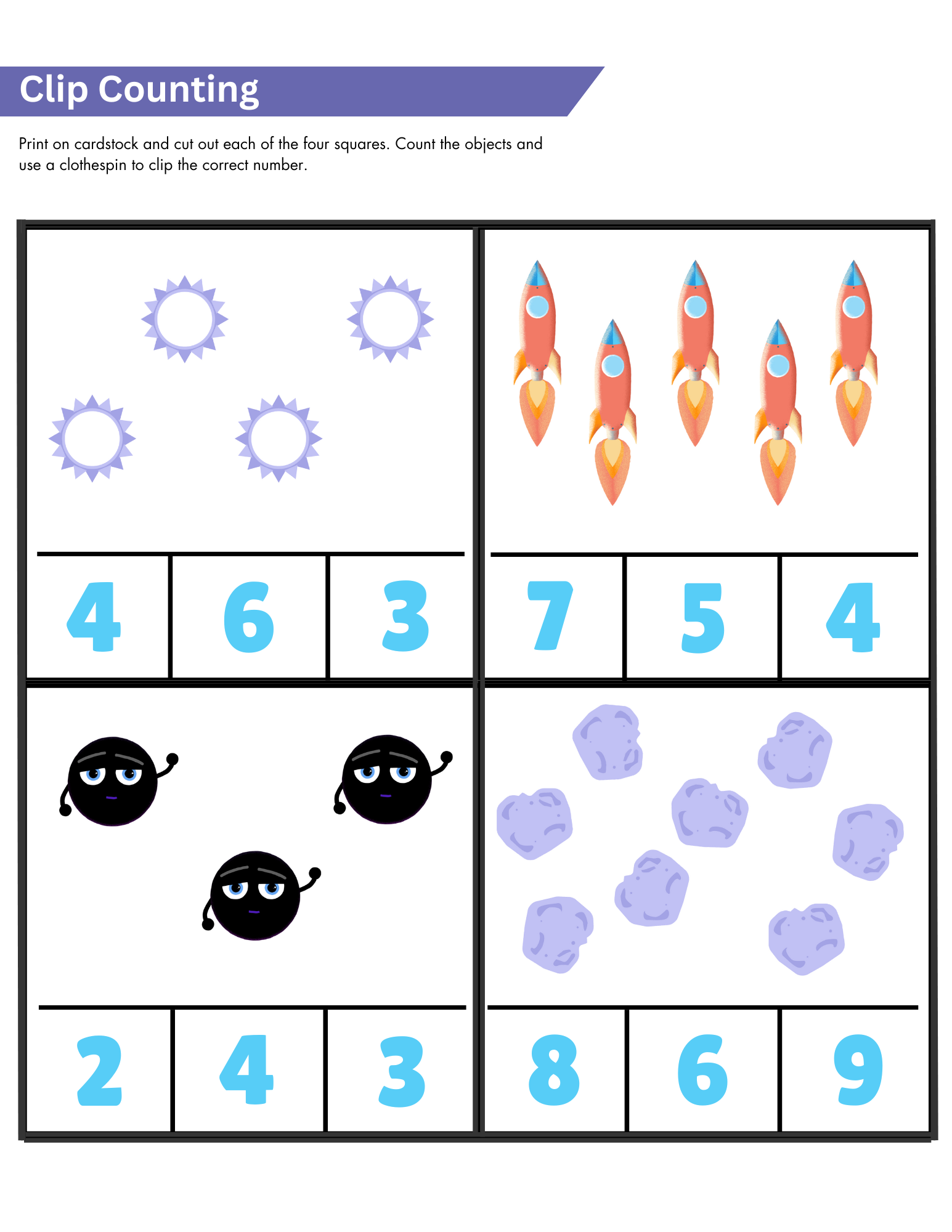 Printable sheet with four clip counting activity cards showing cartoon stars, rockets, black holes, and asteroids.