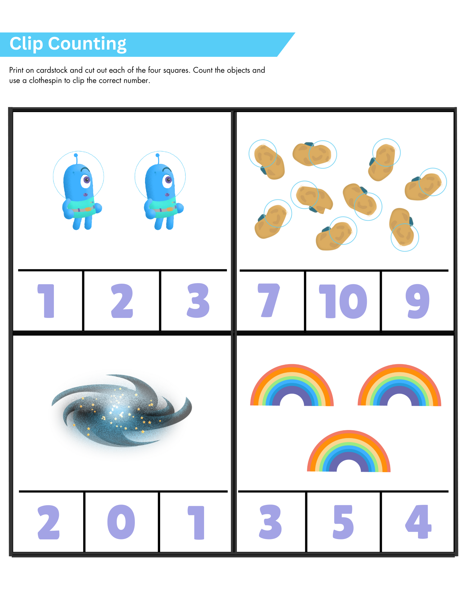 Printable sheet with four clip counting activity cards showing a cartoon character, space potatoes, a galaxy, and rainbows.