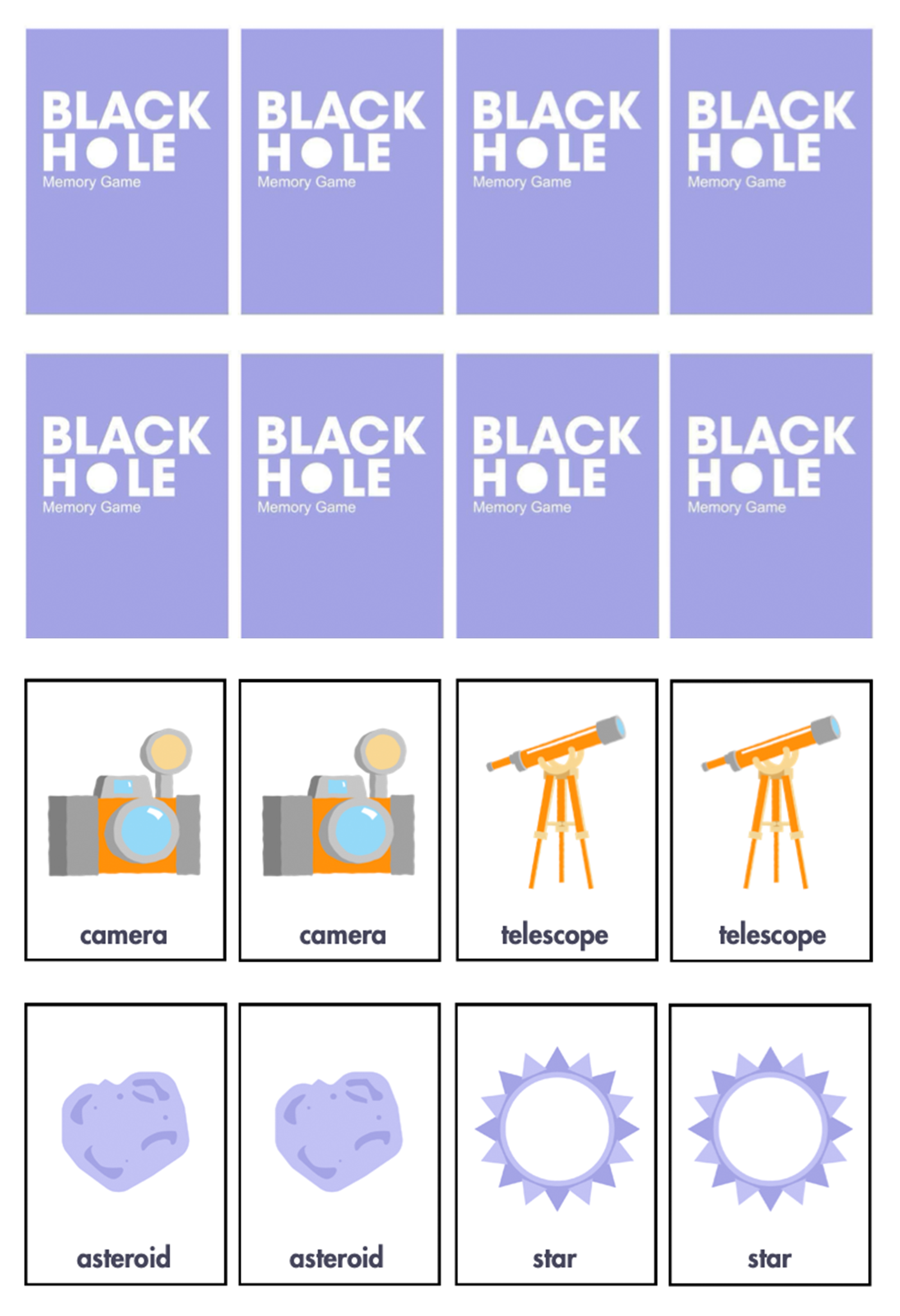 Thumbnail image for a printable file with three pages of playing card fronts interleaved with pages of card backs for the Black Hole Matching Game Featuring NASA’s Traveler.
