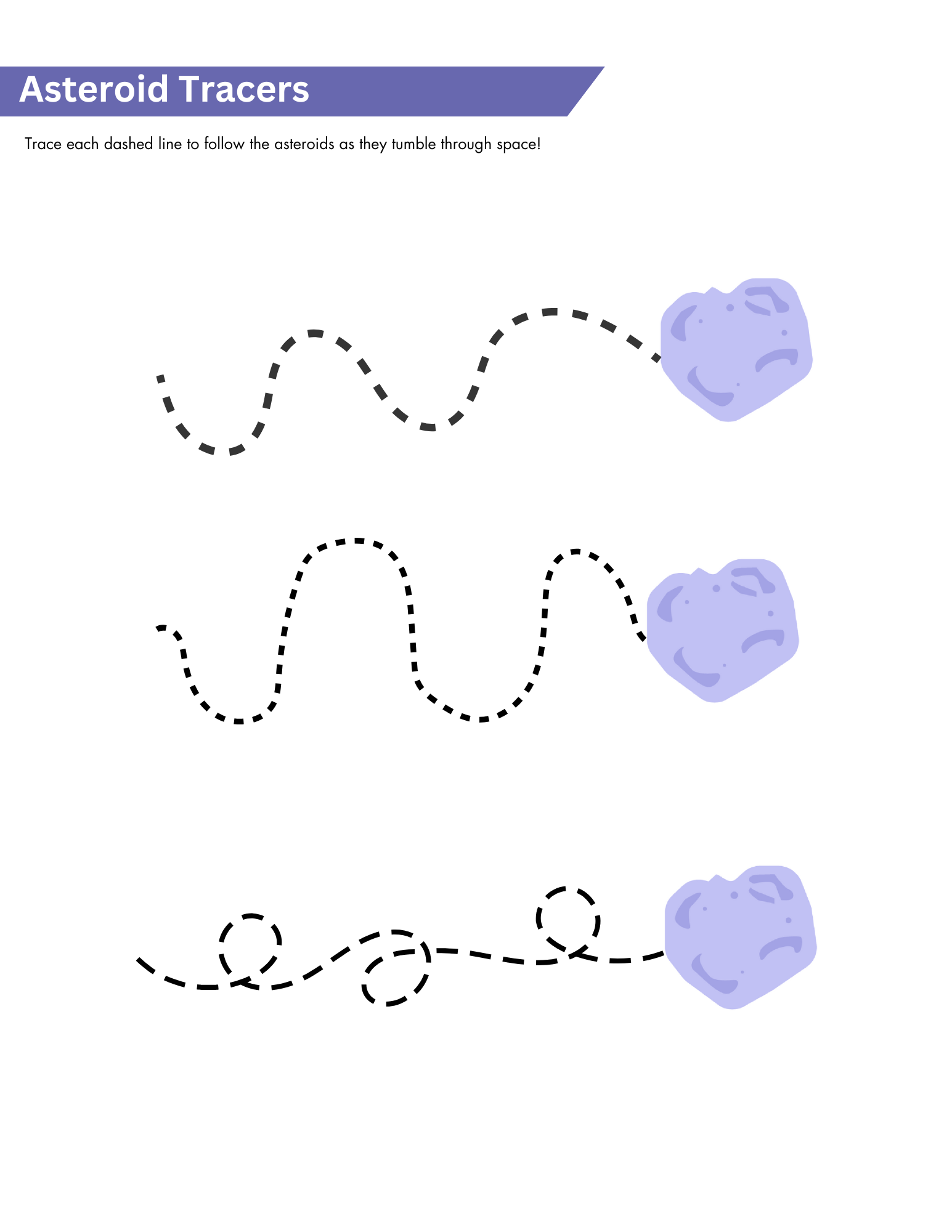 Printable sheet with a tracing activity showing three cartoon asteroids with dashed lines behind them.
