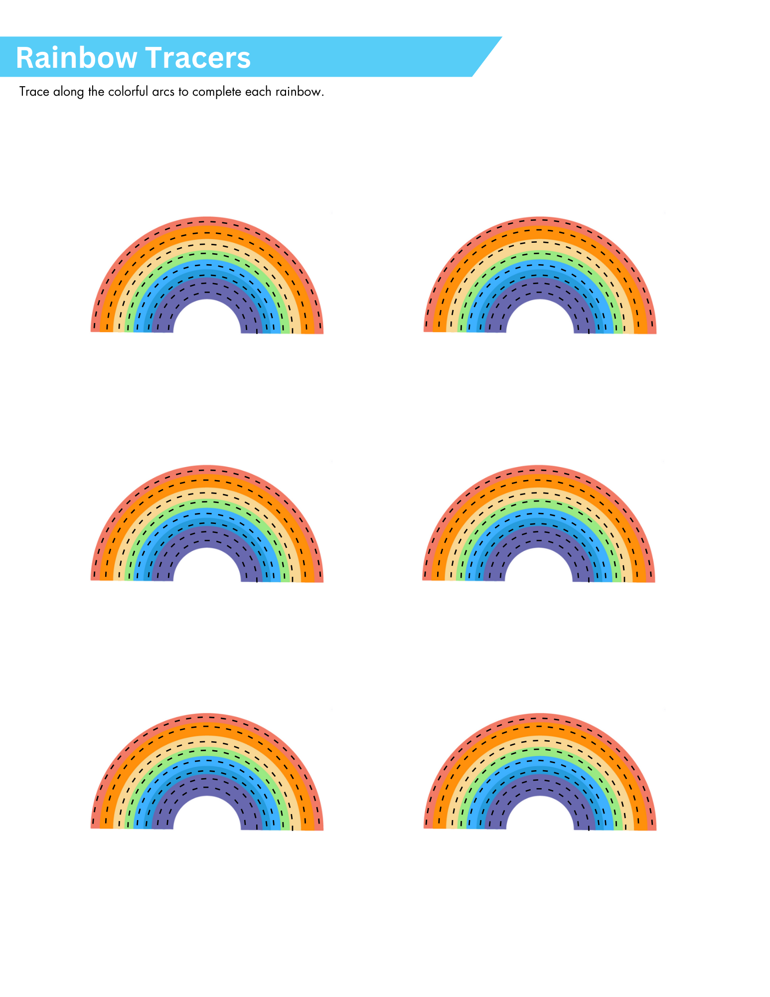 Printable sheet with a tracing activity showing six cartoon rainbows with dashed lines following the arcs of color in each one.