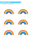 Printable sheet with a tracing activity showing six cartoon rainbows with dashed lines following the arcs of color in each one.