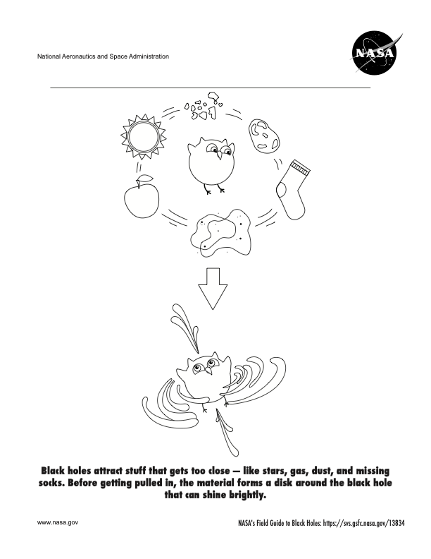 Page 1 of a coloring book about black holes and how to spot them.