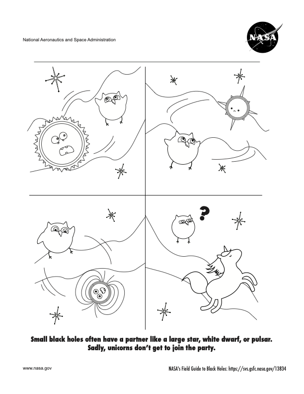Page 2 of a coloring book about black holes and how to spot them.