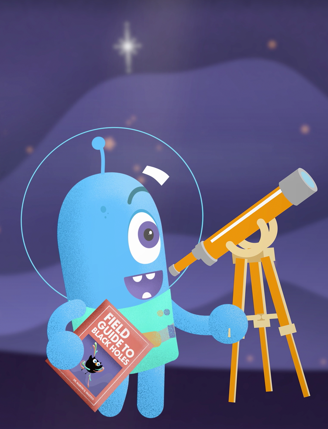 Cover page for a booklet of coloring pages about near-light-speed travel featuring a blue cartoon character.