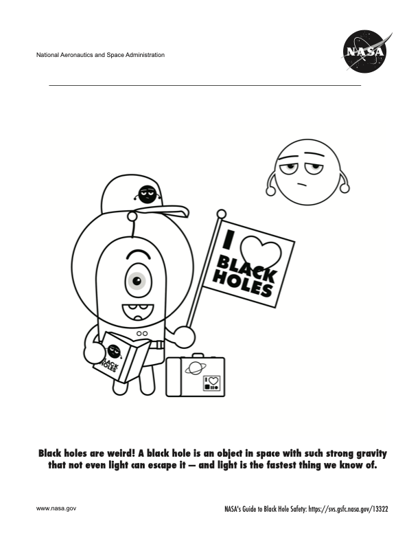 Page 1 of a coloring book about black hole safety. The page features two cartoon characters: a smiling figure in a spacesuit and a frowning black hole.
