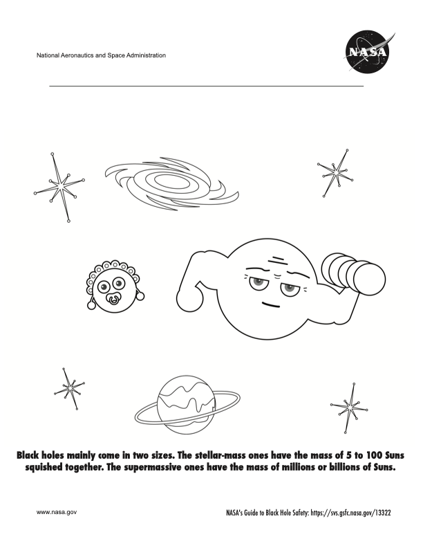 Page 3 of a coloring book about black hole safety. The page shows two cartoon black holes representing the main types of black holes scientists study.