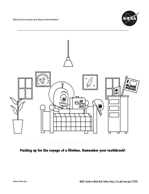 Page 5 of a coloring book about black hole safety. The page shows a traveler packing for their journey.