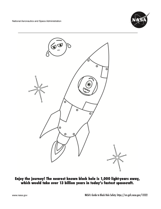 Page 6 of a coloring book about black hole safety. This page shows a traveler in their rocketship in space.