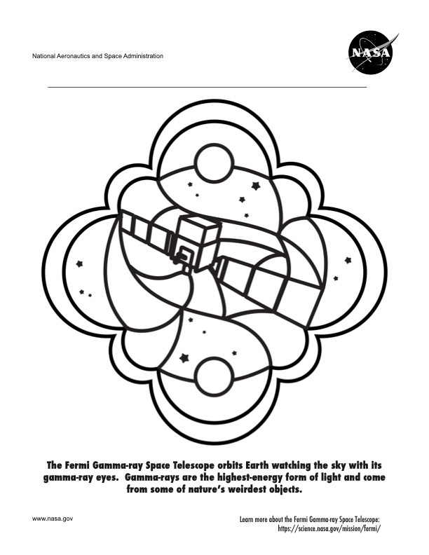 Coloring page featuring a stained-glass-style image of NASA's Fermi Gamma-ray Space Telescope.