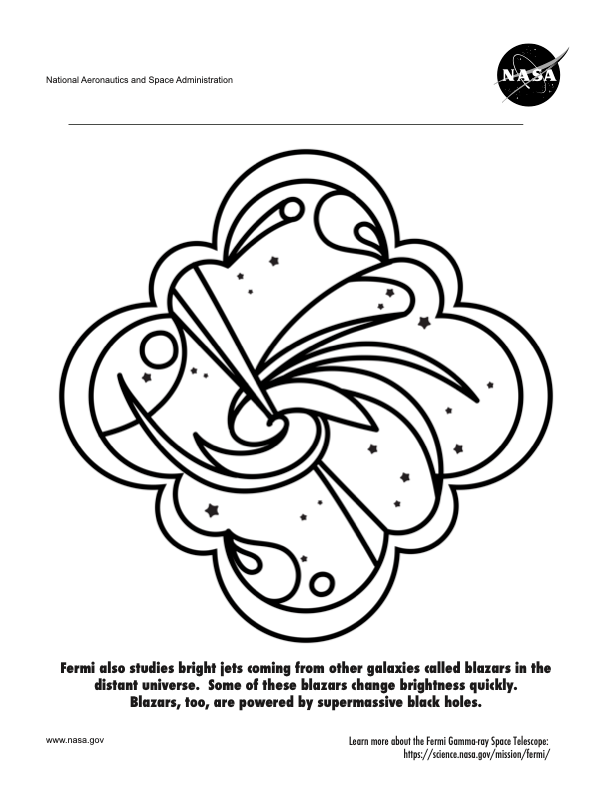 Coloring page featuring a stained-glass-style image of a type of black-hole-powered galaxy called a blazar.