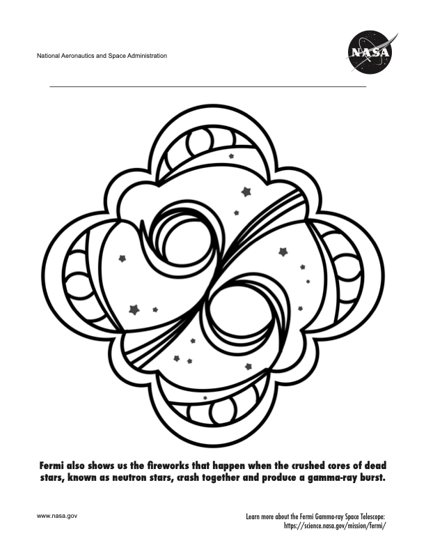 Coloring page featuring a stained-glass-style image of two neutron stars about to collide and cause a short gamma-ray burst.