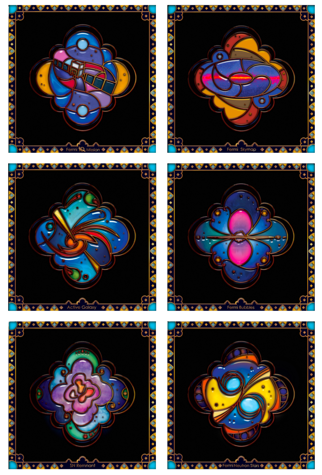 A panel of six stained-glass-style posters inspired by NASA’s Fermi Gamma-ray Space Telescope and its science.
