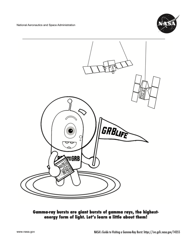 Page 1 of a coloring book about visiting a gamma-ray burst