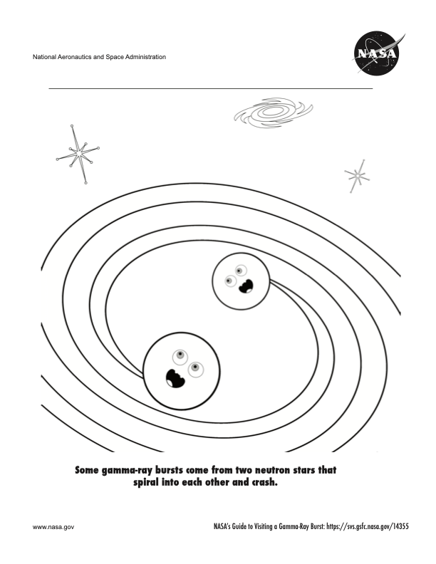 Page 2 of a coloring book about visiting a gamma-ray burst