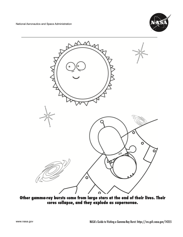 Page 3 of a coloring book about visiting a gamma-ray burst