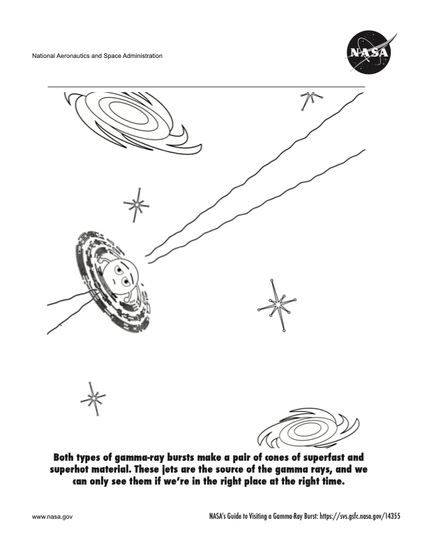 Page 4 of a coloring book about visiting a gamma-ray burst