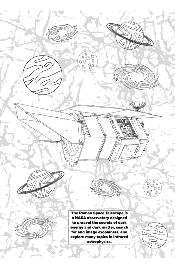 Page 2 of a coloring book about the Nancy Grace Roman Space Telescope features the spacecraft and some cosmic objects it will observe.
