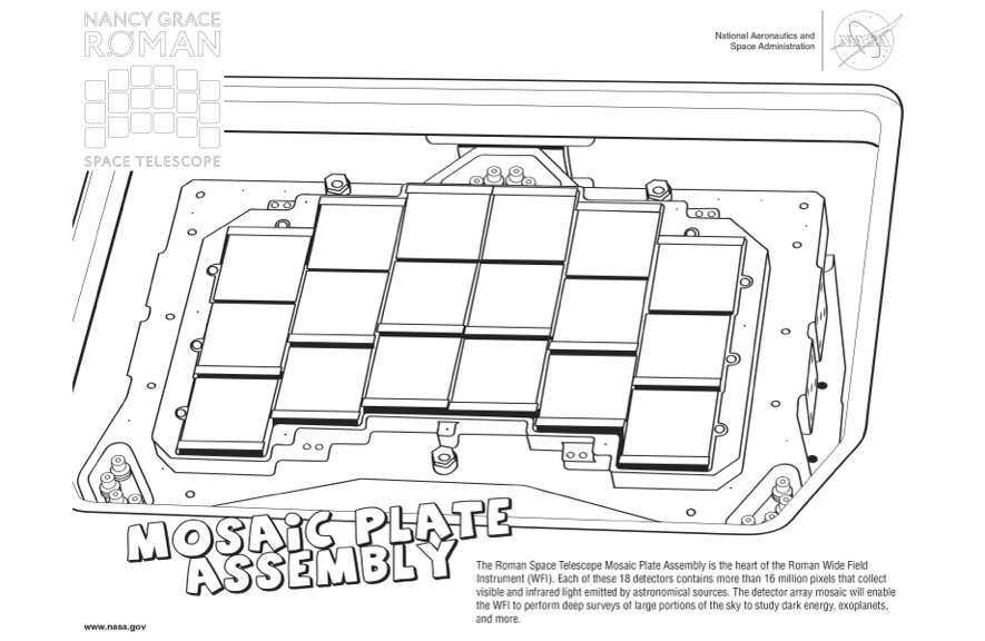 Page 3 of a coloring book about the Nancy Grace Roman Space Telescope features the Mosaic Plate Assembly.