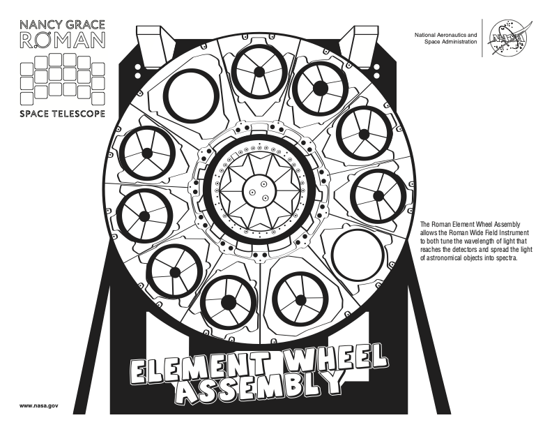 Page 4 of a coloring book about the Nancy Grace Roman Space Telescope features the Element Wheel Assembly.