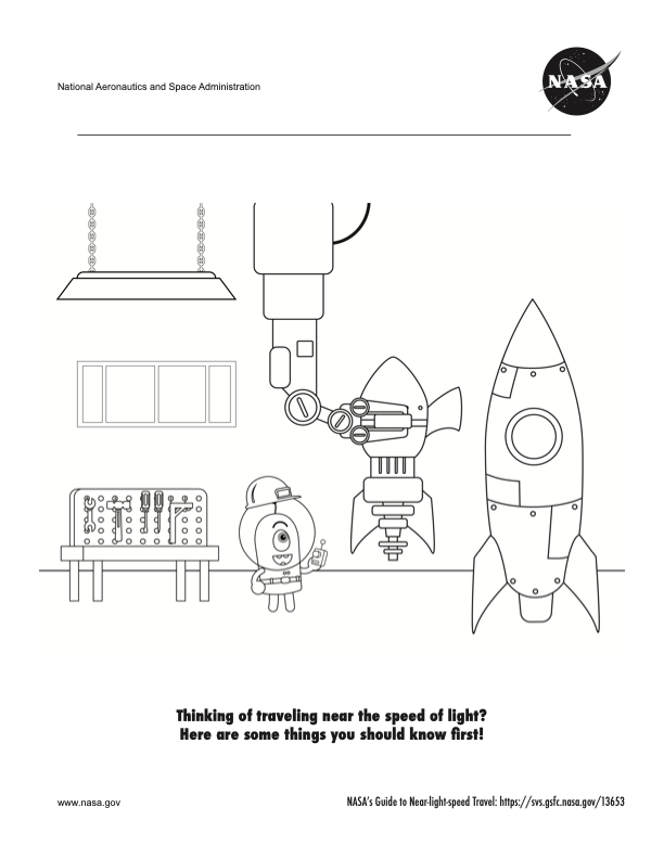 Page 1 of a coloring book about traveling at near the speed of light.