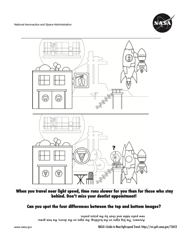 Page 2 of a coloring book about traveling at near the speed of light.