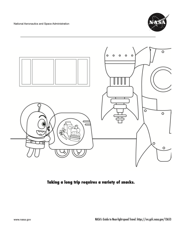 Page 4 of a coloring book about traveling at near the speed of light.