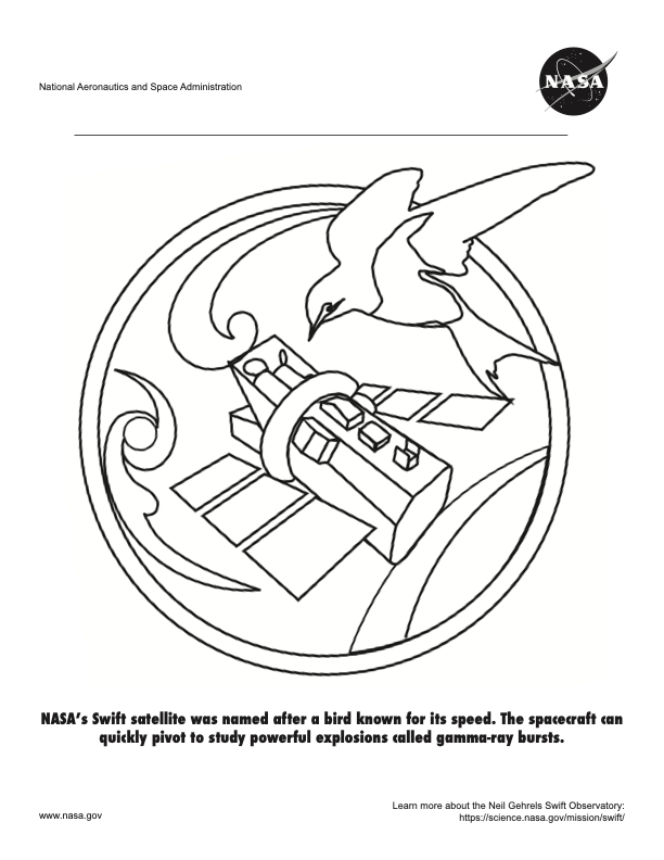Coloring page featuring NASA's Neil Gehrels Swift Observatory with its namesake bird