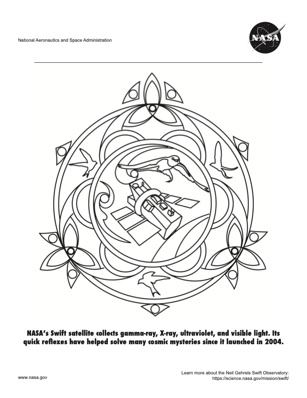 Coloring page featuring NASA's Neil Gehrels Swift Observatory with its namesake bird