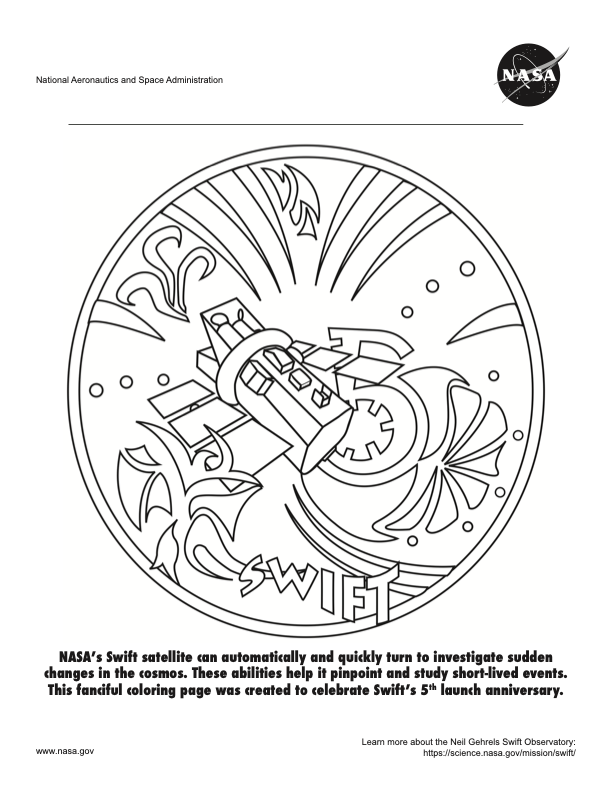 Coloring page featuring NASA's Neil Gehrels Swift Observatory and a fanciful fifth anniversary image