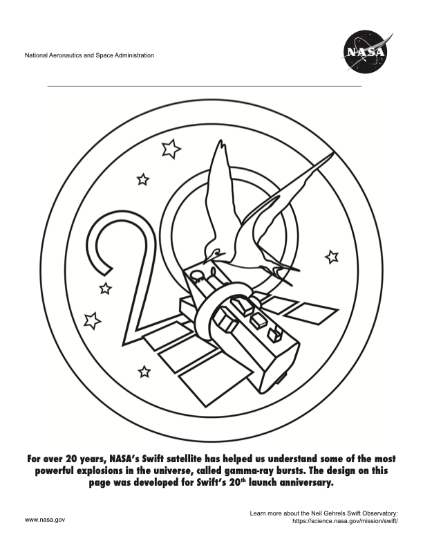 Coloring page featuring NASA's Neil Gehrels Swift Observatory and a stylized 20th anniversary image
