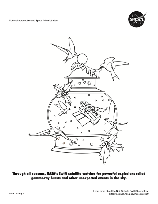 Coloring page featuring NASA's Neil Gehrels Swift Observatory in a festive lantern.