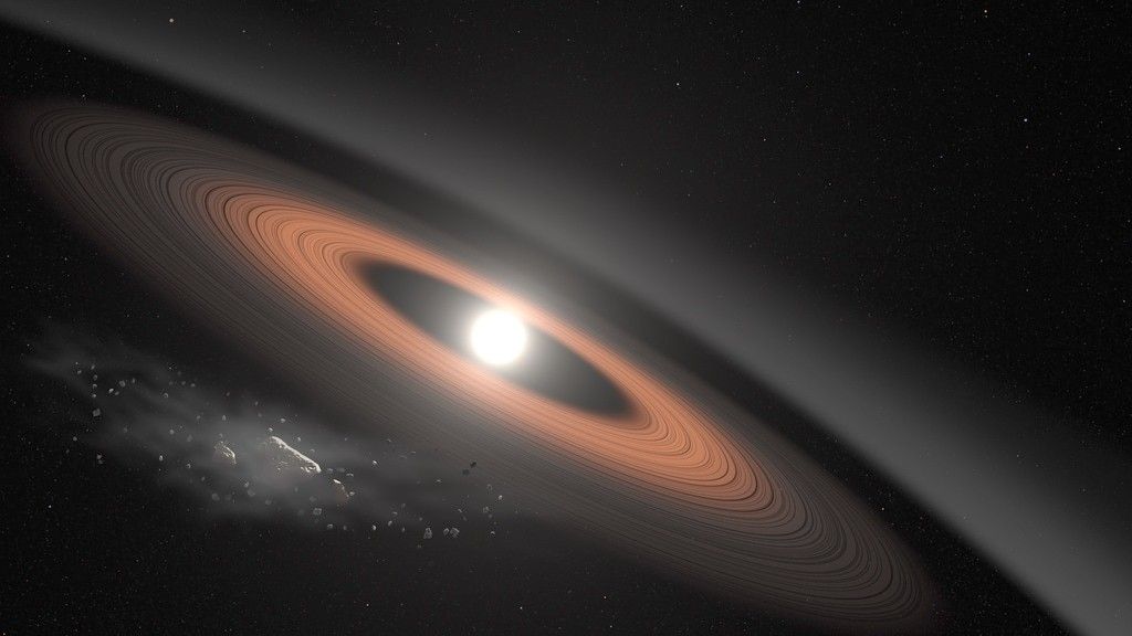 illustration of asteroid breaking apart near a white dwarf star