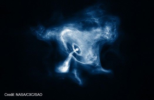 The X-ray emission from the Crab nebula is shown in shades of blue. At the center is a bright ball surrounded by an oval of light whose long axis is tilted just to the left. Rising up and to the right from that oval is a cloud of material that looks like a witch’s hat with a broad brim and dented point. From the central ball there is also a bent stream of material to the left and downward. Credit: NASA/CXC/SAO