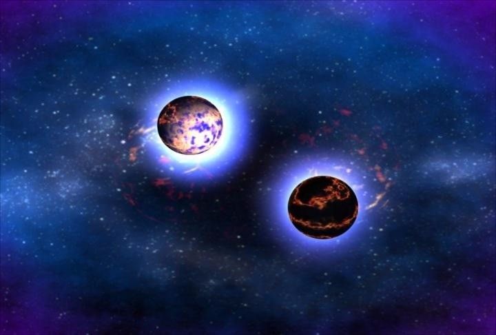 Two glowing stars with red and black surfaces sit in the middle of a starfield.