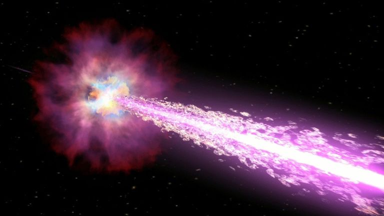 In this illustration, an exploding star powers jets of material. The star is shown as an almost flower-like shape. The purple �petals� represent clouds of material created in the explosion. The bluish-white and yellow center shows where the newly formed black hole begins driving the jets. The core of the jet pointed toward us is whitish and the broader regions are magenta. In the distance, on the far side of the star, you can see the opposite side of the jet disappearing into space.
