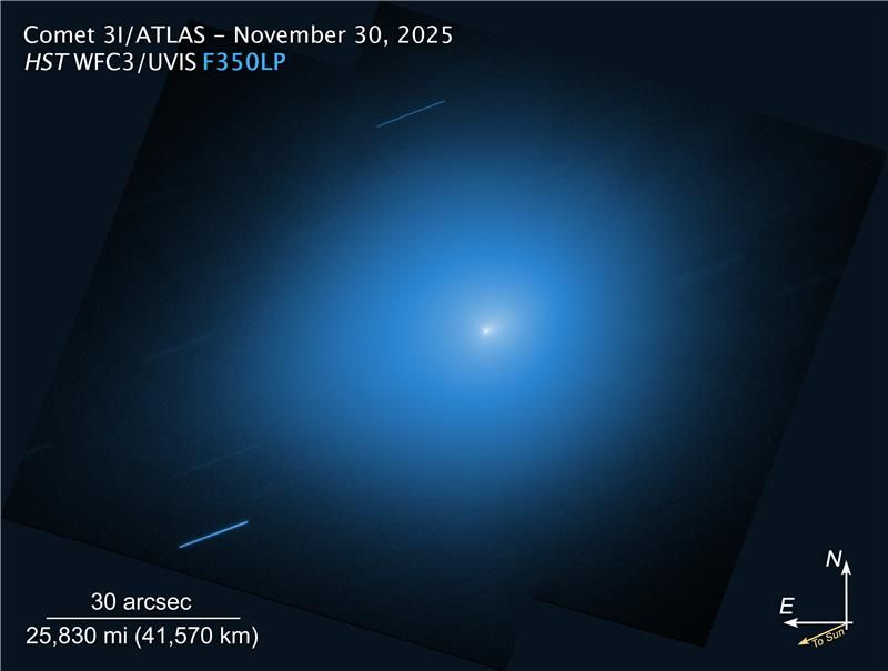 An image from NASA’s Hubble Space Telescope showing the interstellar comet 3I/ATLAS. The comet is a small white dot in the center of the image, with a light blue halo of light that takes up most of the image. Other stars are shown streaking across the image as diagonal blue-white lines.