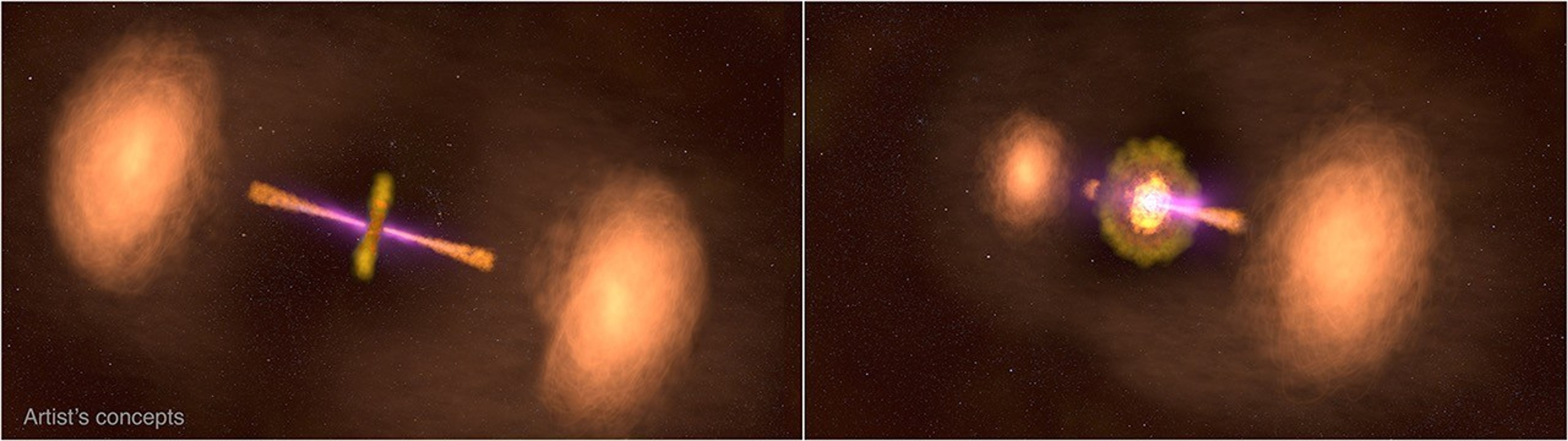 Side-by-side artist’s concepts of active galaxy TXS 0128+554 as viewed at two different angles.