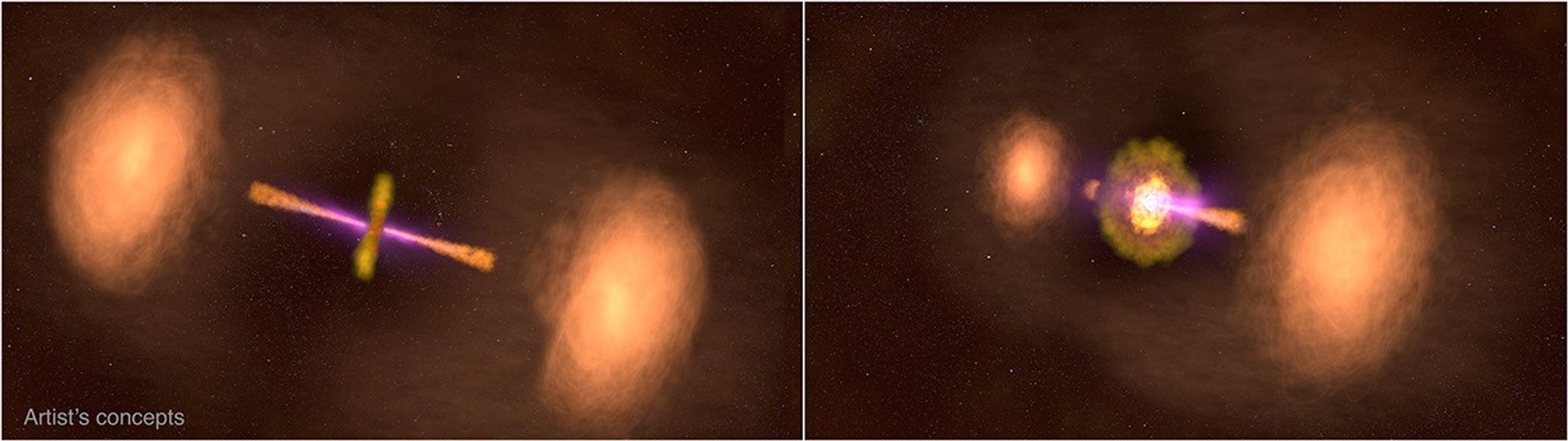 Side-by-side artist’s concepts of active galaxy TXS 0128+554 as viewed at two different angles.