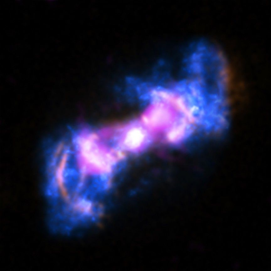 Composite image of Markarian 573 in X-ray, radio, and visible light.