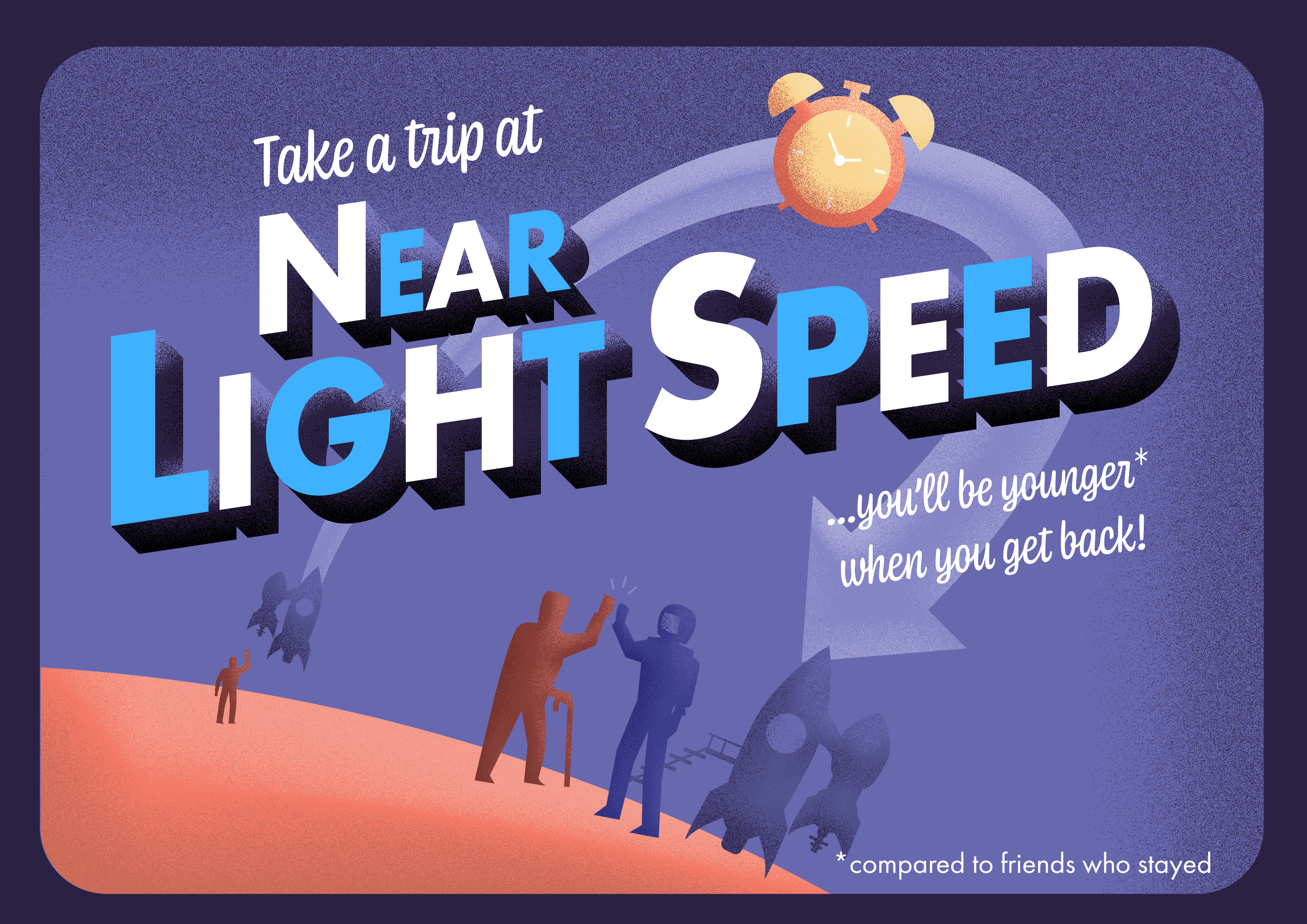 Postcard imagining a trip at near the speed of light.